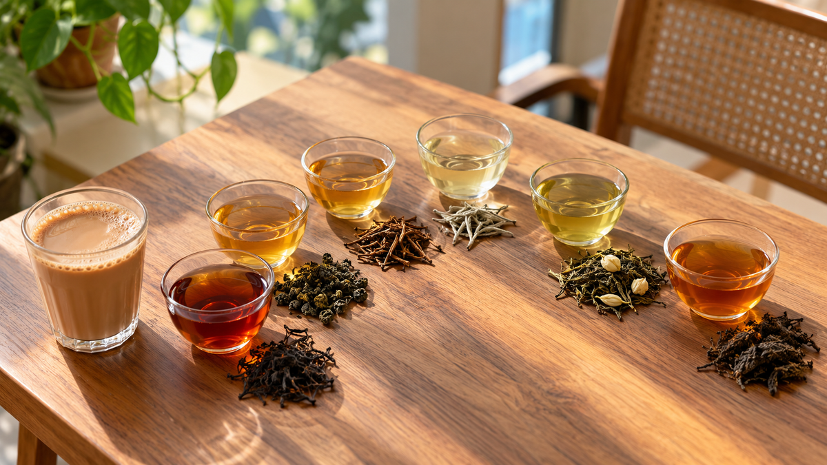 Glass of milky chai surrounded by six cups of specialty Indian tea, from amber orthodox black to pale white tea, each beside its dry leaves