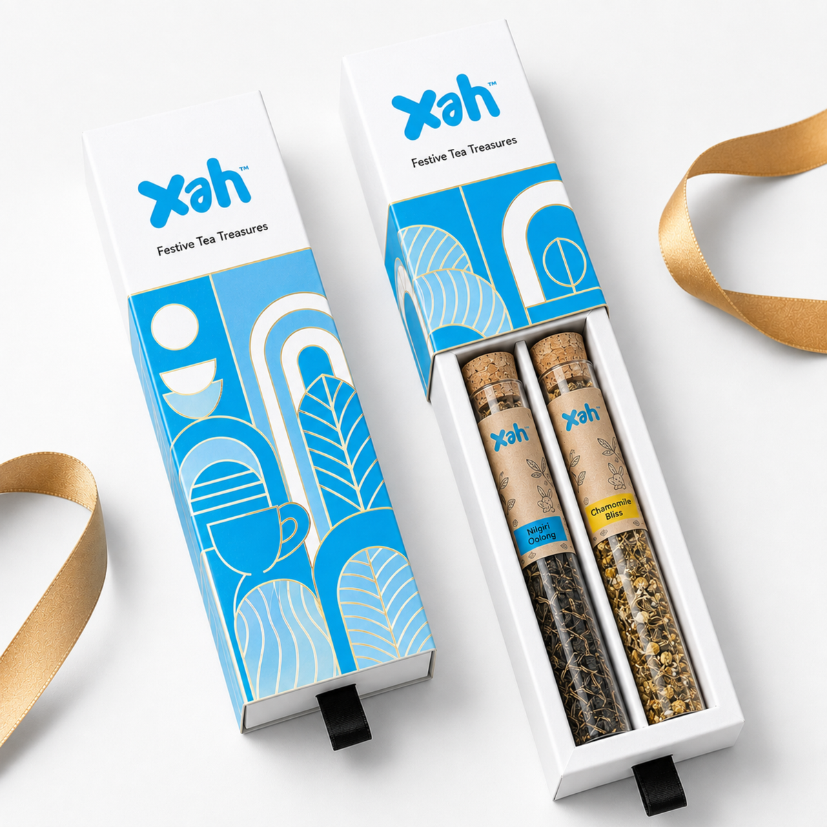 Xah festive tea gift box tasting duo with two glass test tubes of loose leaf tea