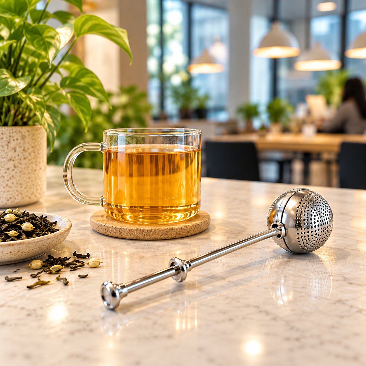 Xah tea strainer with a cup of loose leaf tea