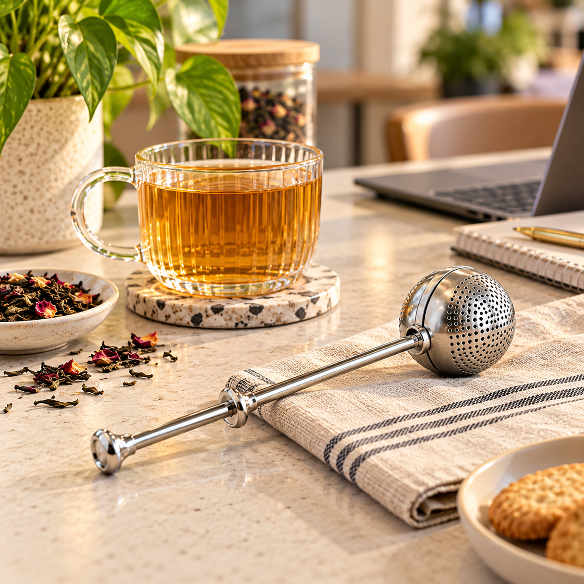 Brewing loose leaf tea with the Xah stainless steel tea infuser